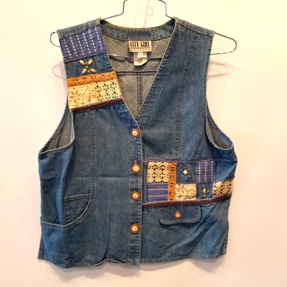 Vintage 90's Boho Denim Vest Gypsey Style Button Vest‎ Petites Size 14